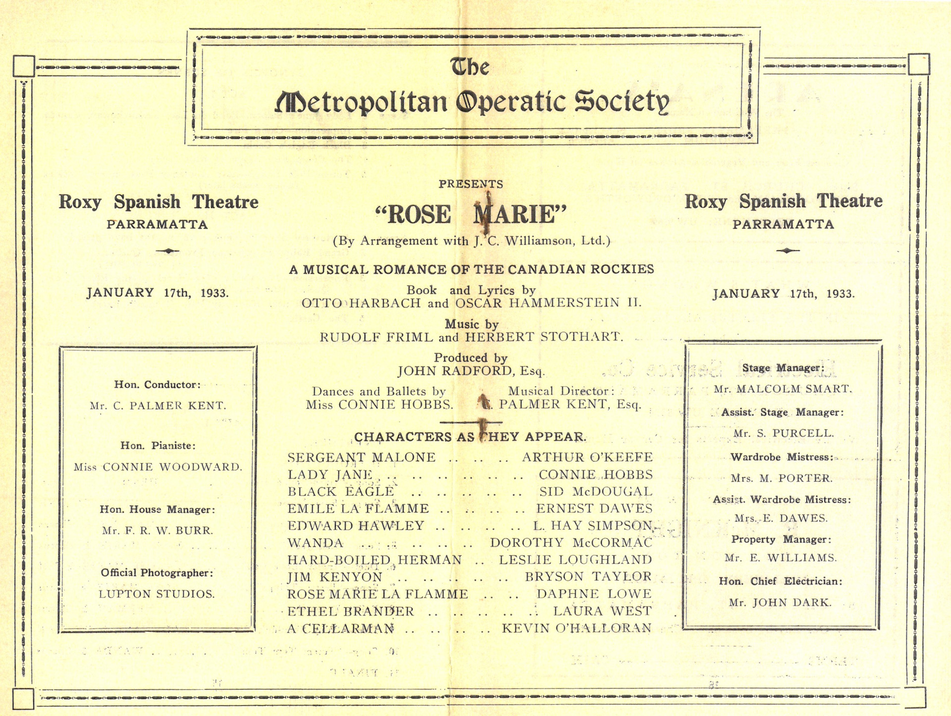 1933 program for 'Rose Marie' at the Roxy Spanish Theatre Parramatta