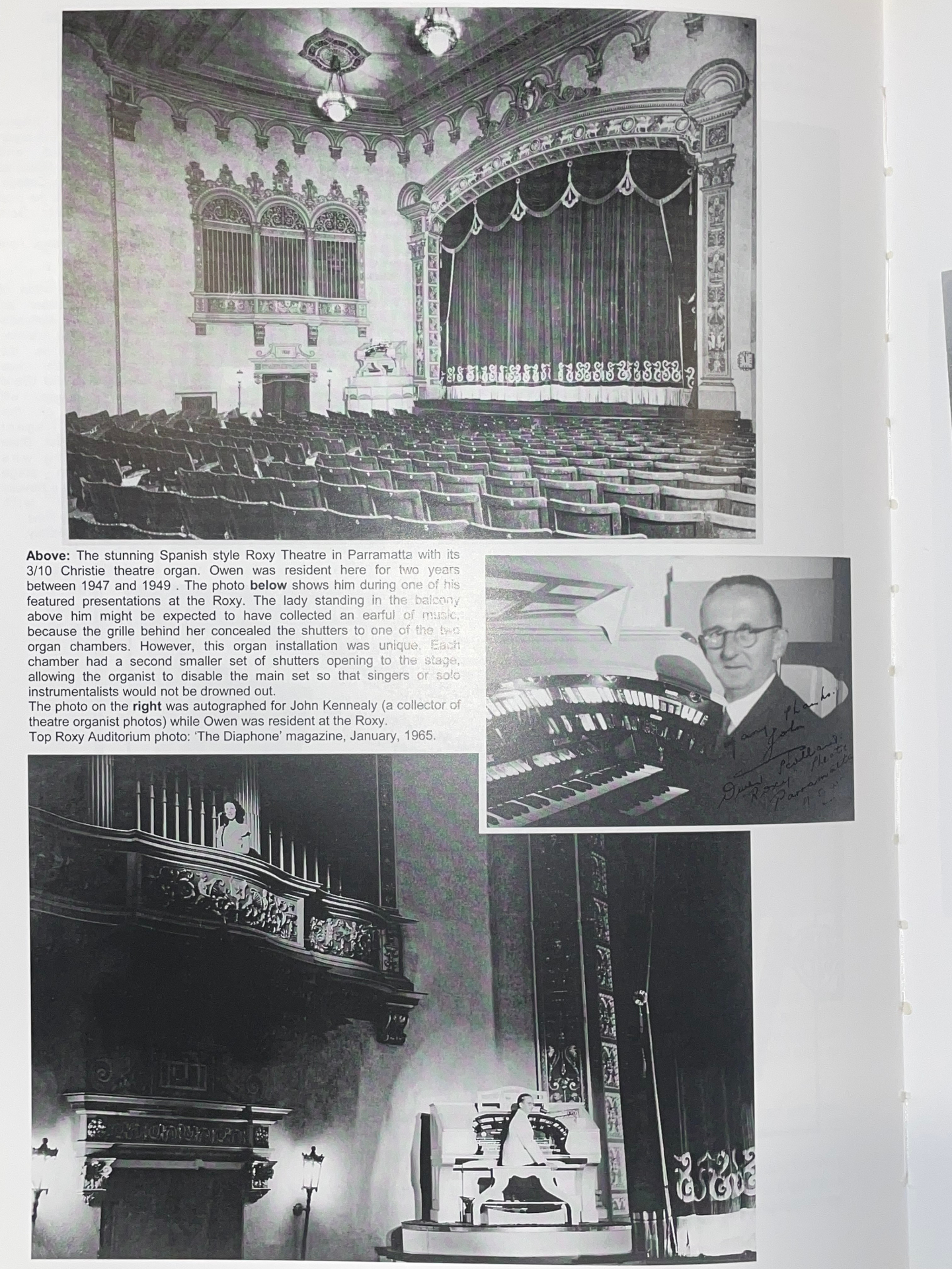 Black and white collage of the Roxy auditorium, organ console and organist Owen Rutland