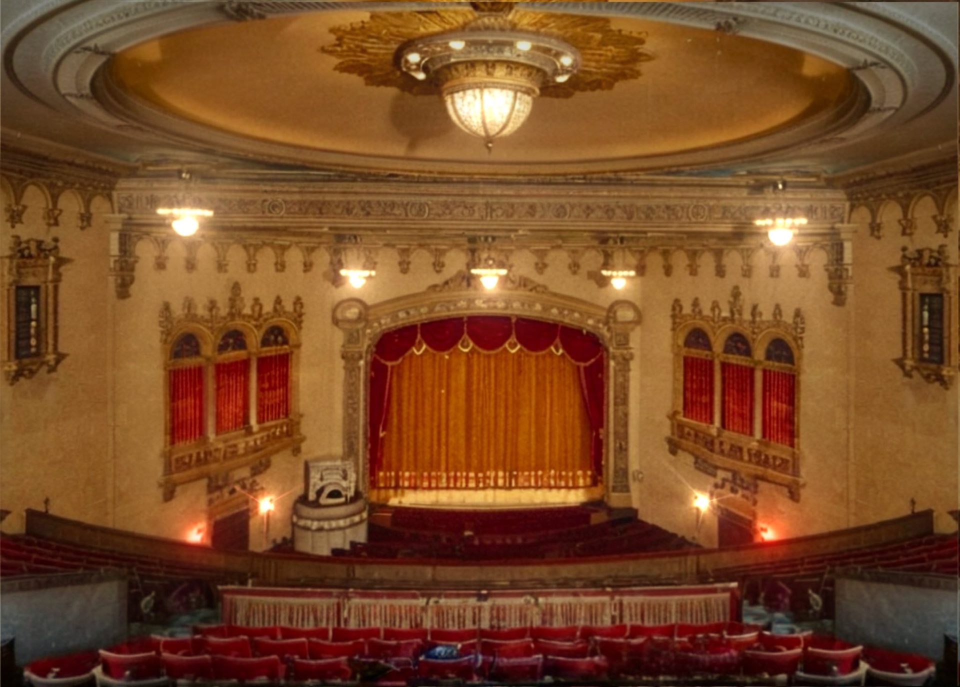 The Roxy auditorium in colour — proscenium, dress circle and ornate plasterwork